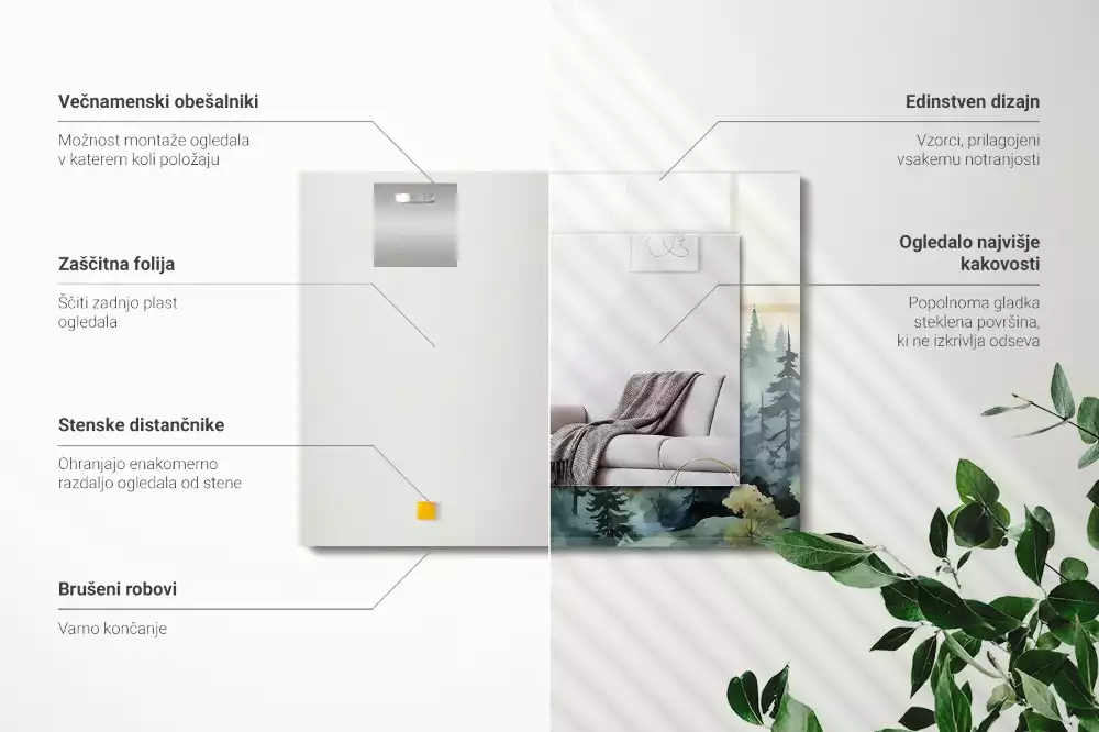 Négyszögletes fali tükör ködös erdő mintával