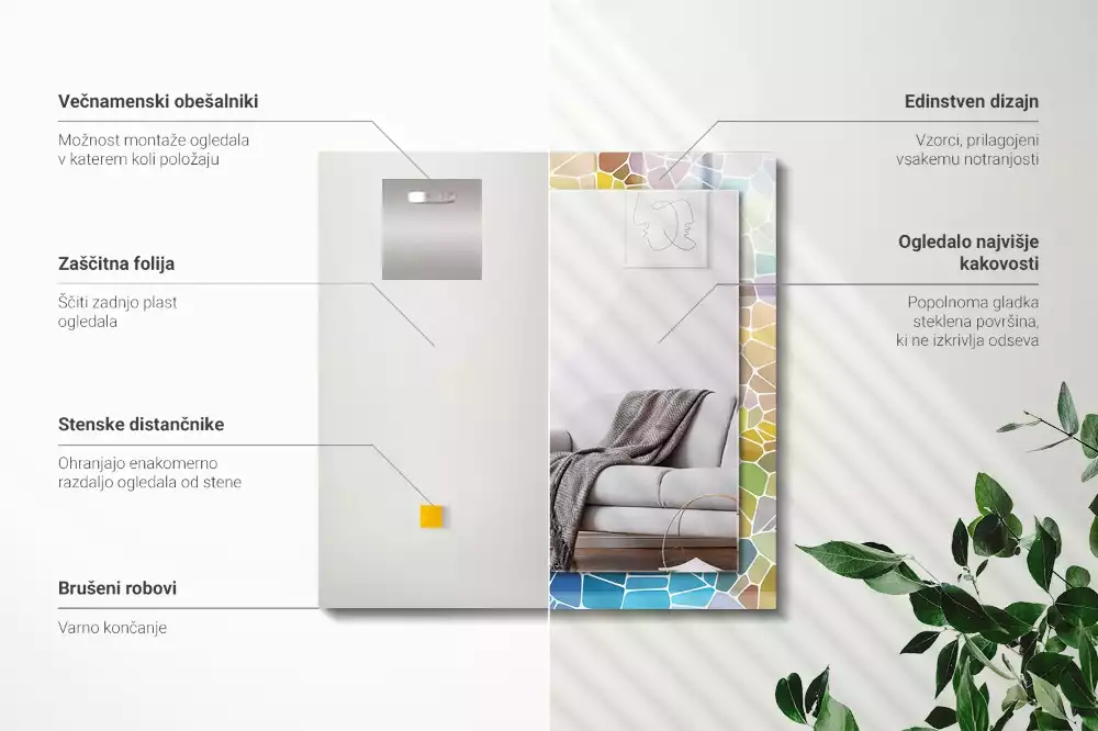 Négyszögletes fali tükör színes absztrakt mozaik díszítéssel