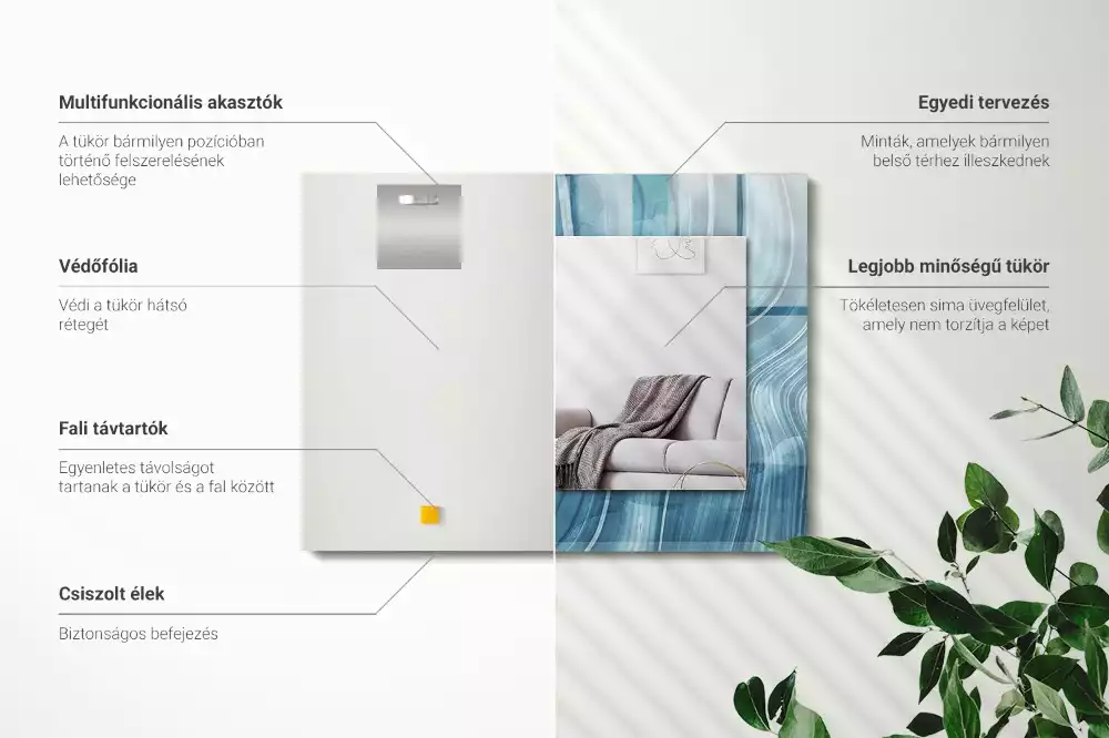 Négyszögletes fali tükör absztrakt kék vonal mintával