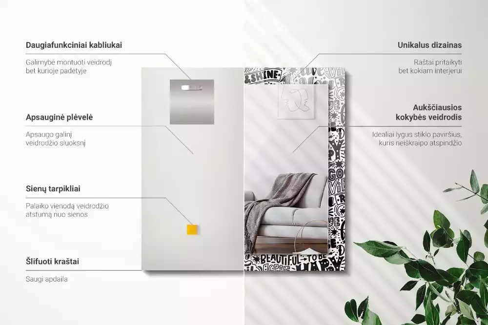 Négyszögletes fali tükör motivációs kézírásos felirattal