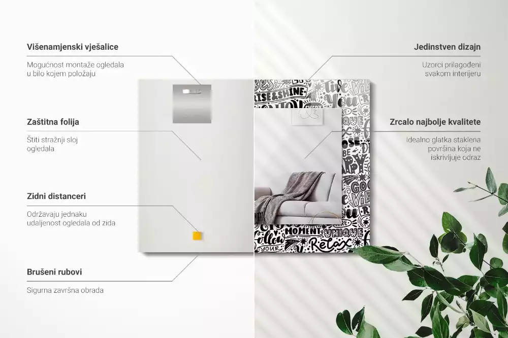 Négyszögletes fali tükör motivációs kézírásos felirattal
