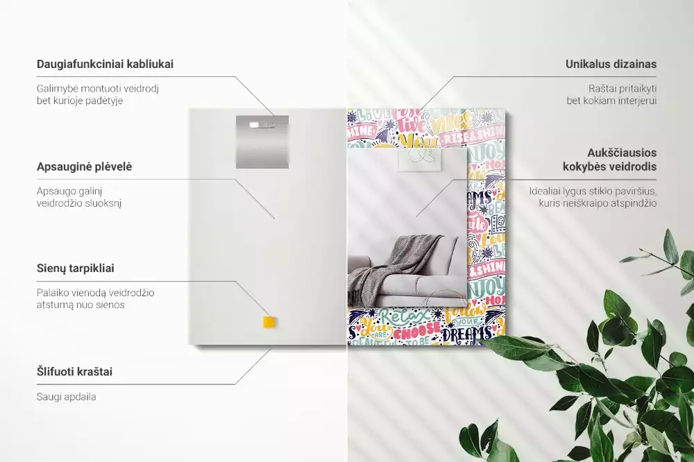 Négyszögletes tükör színes motivációs feliratokkal