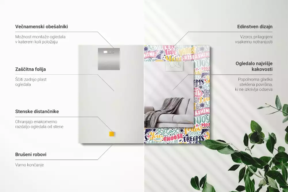 Négyszögletes tükör színes motivációs feliratokkal