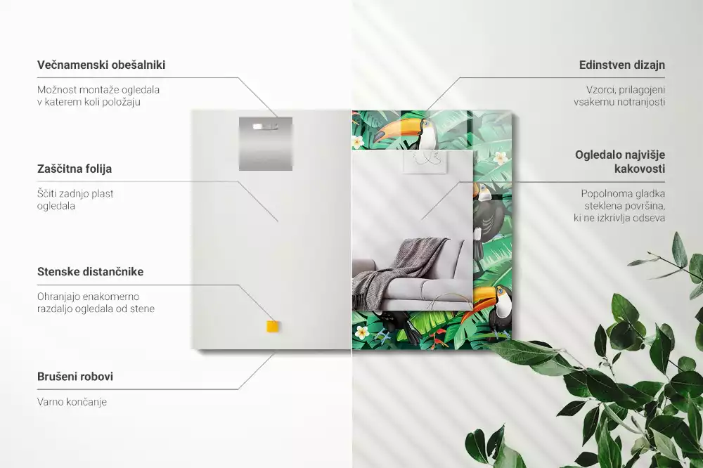 Négyszögletes tükör dzsungel mintás tukános és leveles díszítéssel