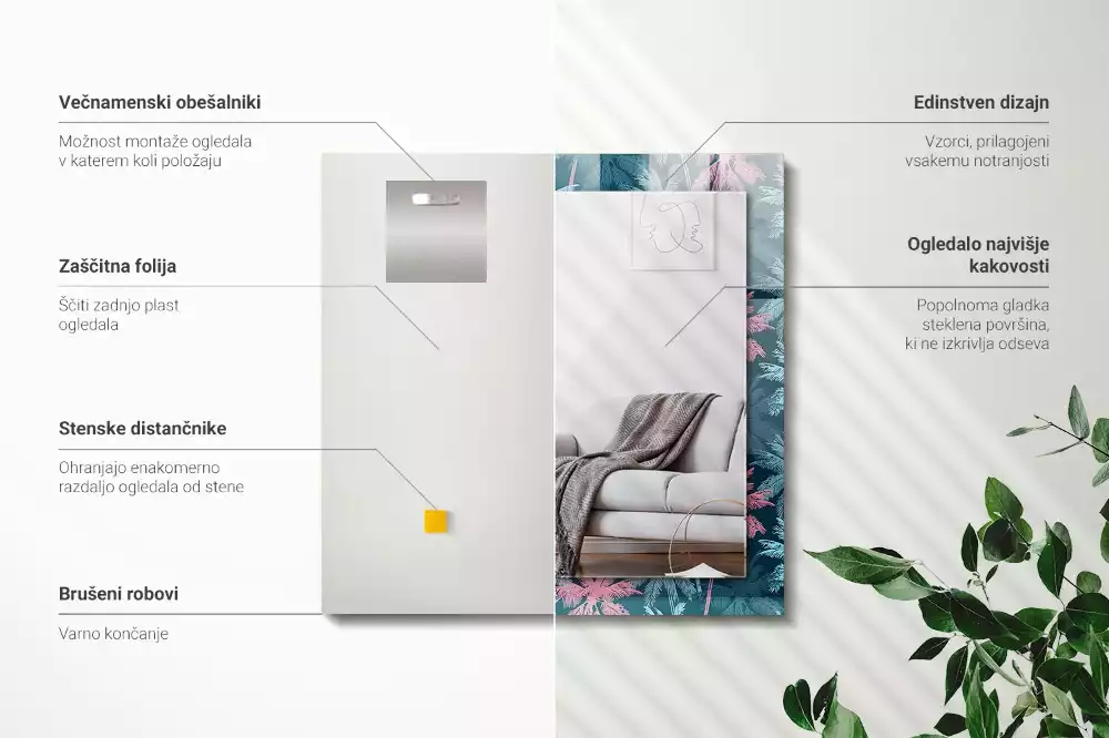 Négyszögletes alakú, színes pálmamintás díszes tükör
