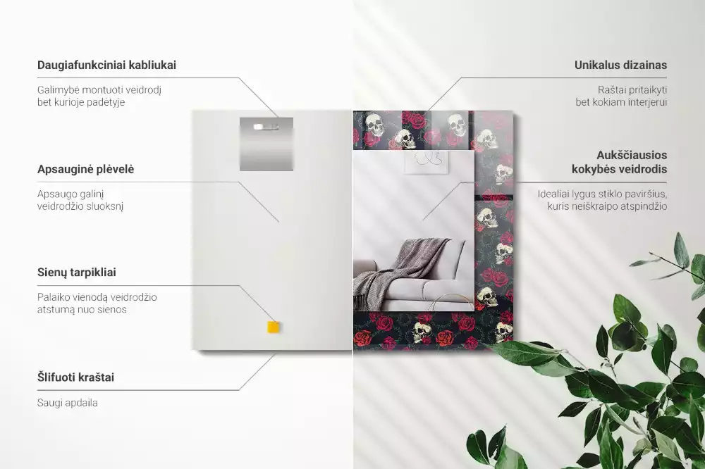 Négyszögletes díszes tükör koponya, rózsa és tövis mintával