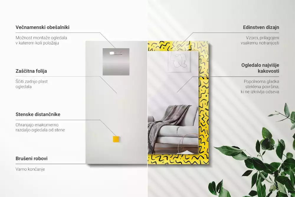 Négyszögletes dísztükör sárga absztrakt mintával