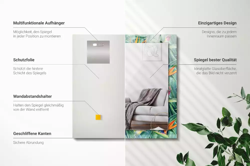 Négyszögletes díszes tükör kolibri és virág mintával