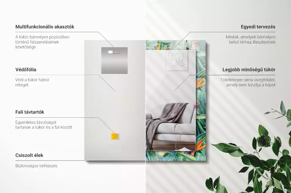 Négyszögletes díszes tükör kolibri és virág mintával