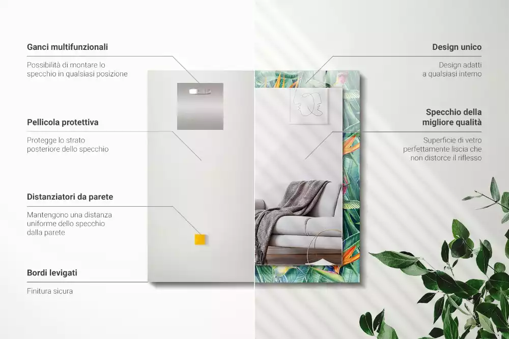 Négyszögletes díszes tükör kolibri és virág mintával