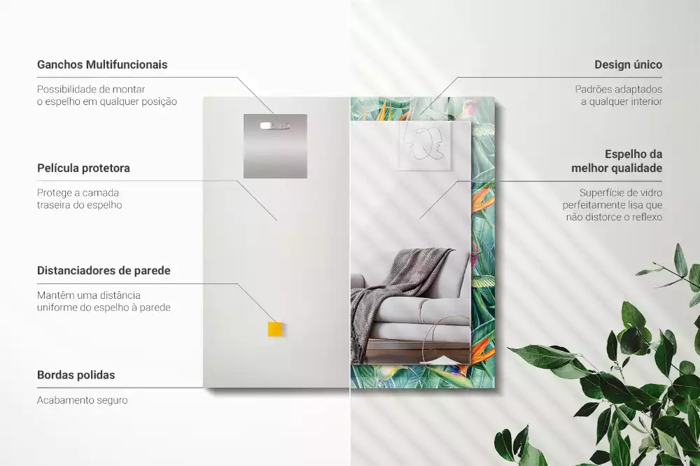 Négyszögletes díszes tükör kolibri és virág mintával