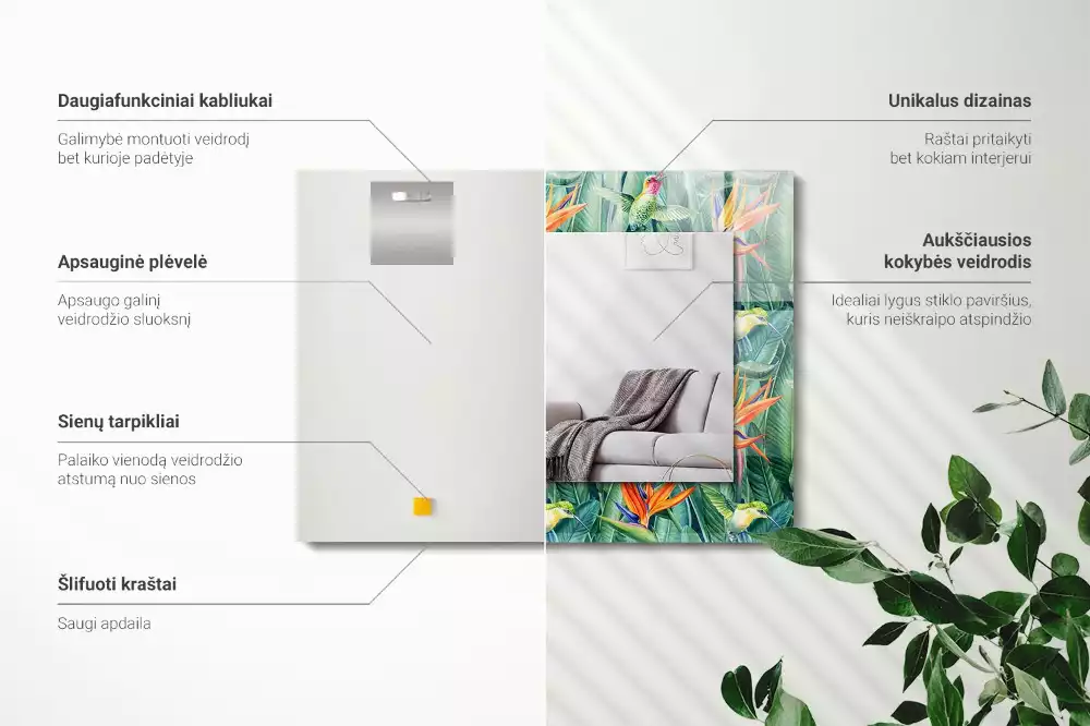 Négyszögletes díszes tükör kolibri és virág mintával