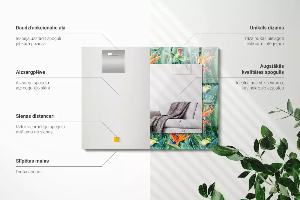 Négyszögletes díszes tükör kolibri és virág mintával