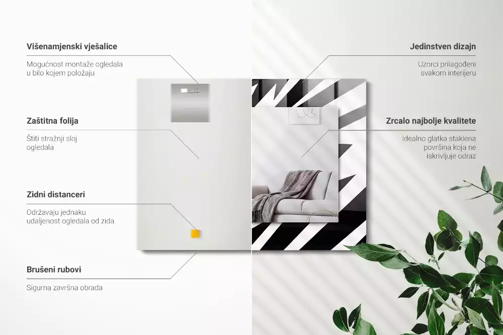 Négyszögletes fekete-fehér geometrikus mintás dísztükör
