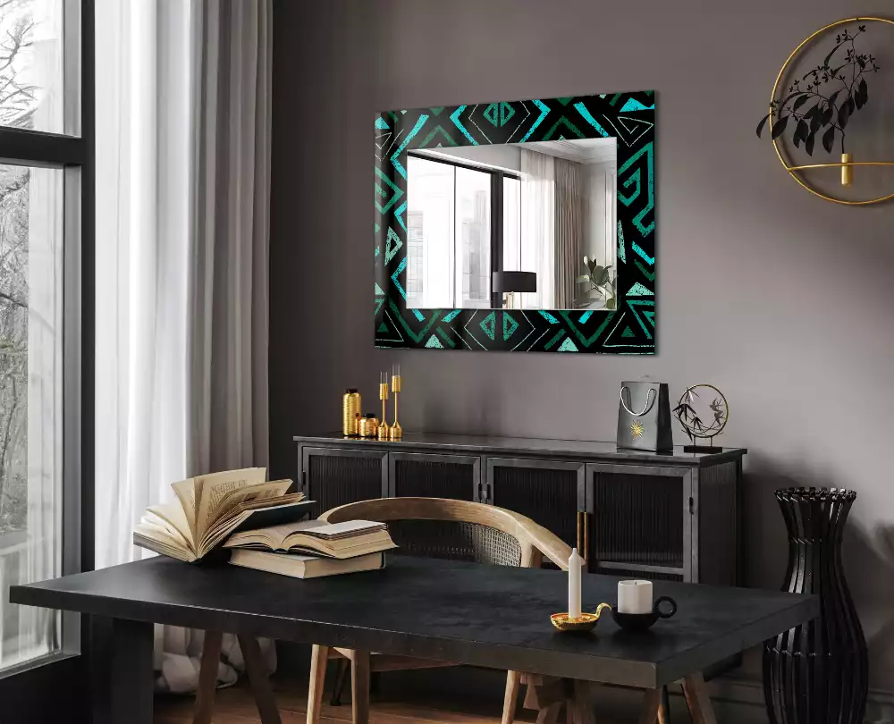 Négyszögletes fali tükör türkiz geometriai mintával