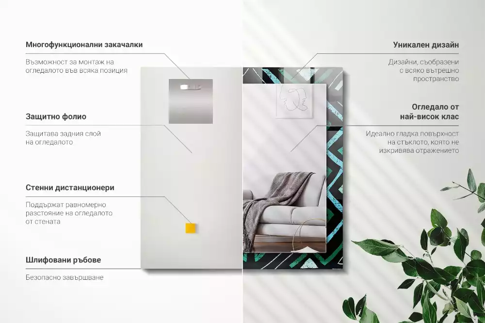 Négyszögletes fali tükör türkiz geometriai mintával