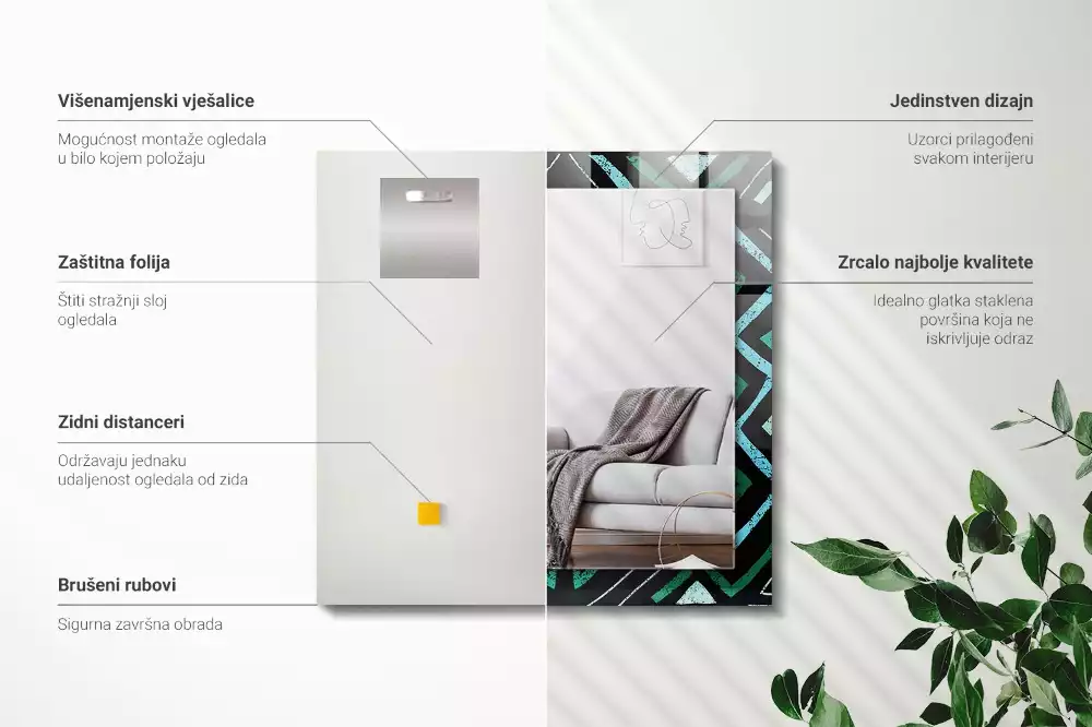 Négyszögletes fali tükör türkiz geometriai mintával