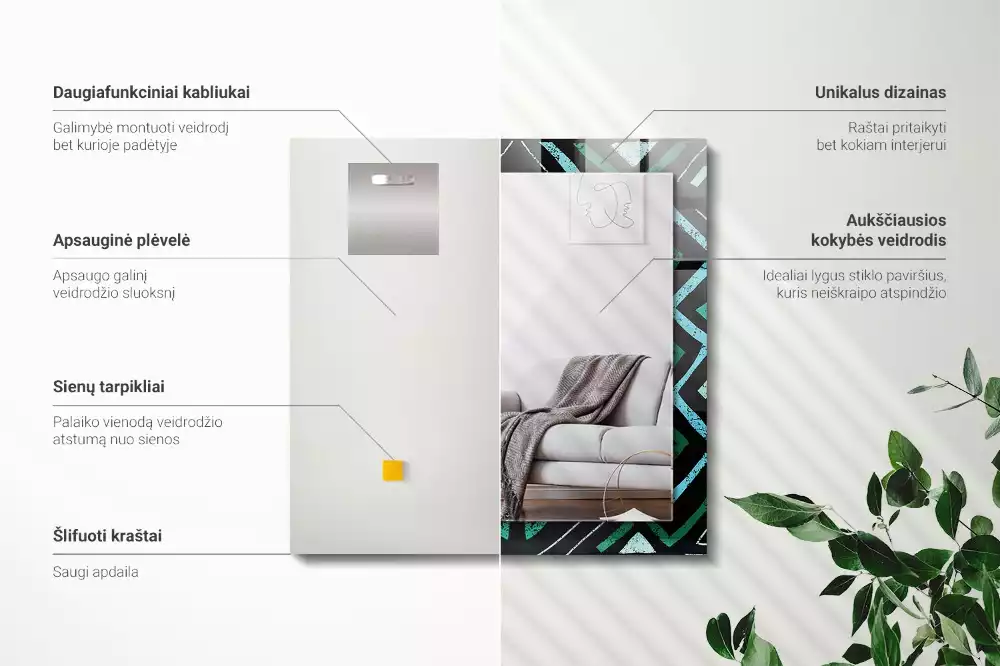 Négyszögletes fali tükör türkiz geometriai mintával