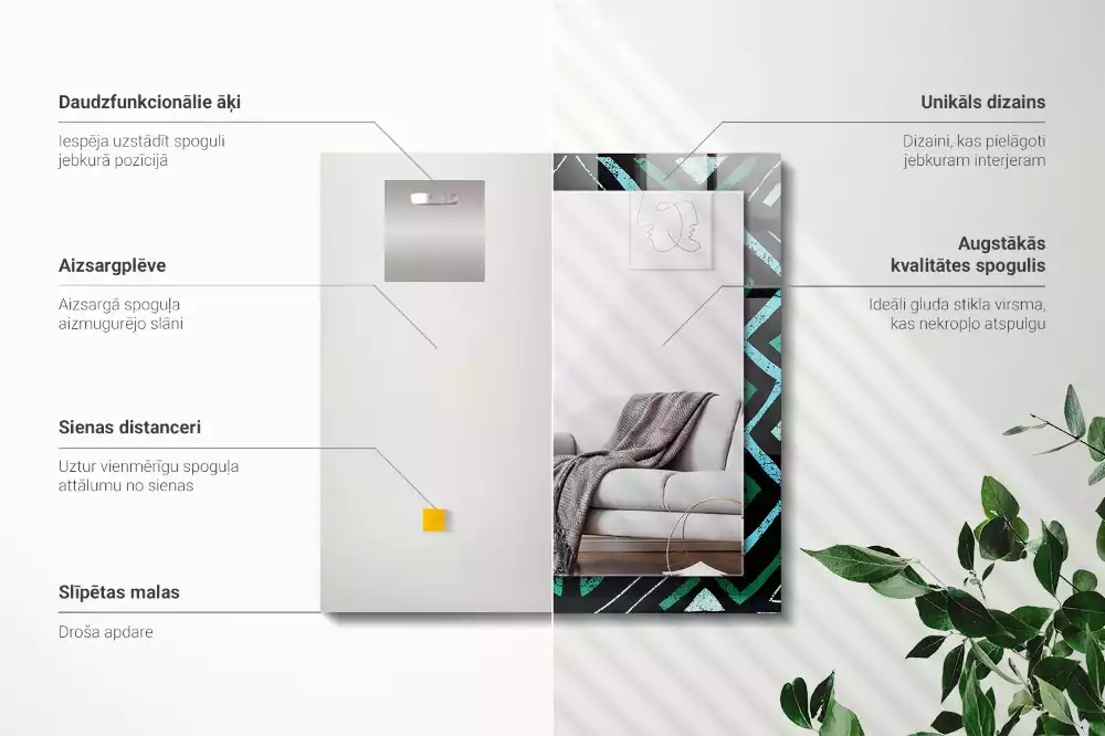 Négyszögletes fali tükör türkiz geometriai mintával