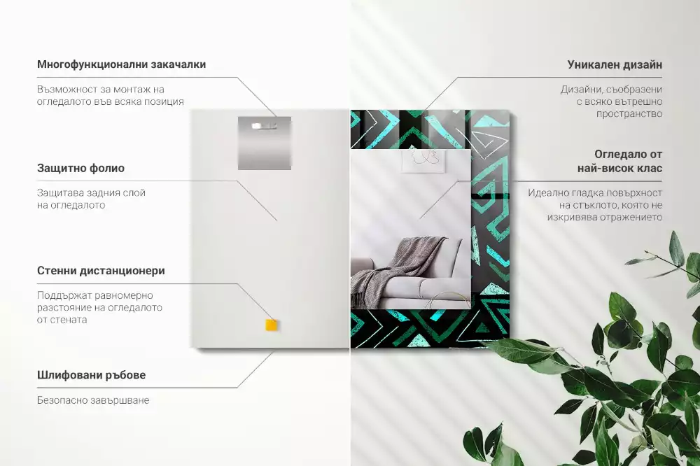 Négyszögletes fali tükör türkiz geometriai mintával