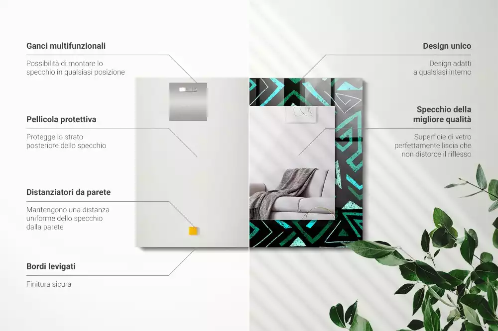 Négyszögletes fali tükör türkiz geometriai mintával