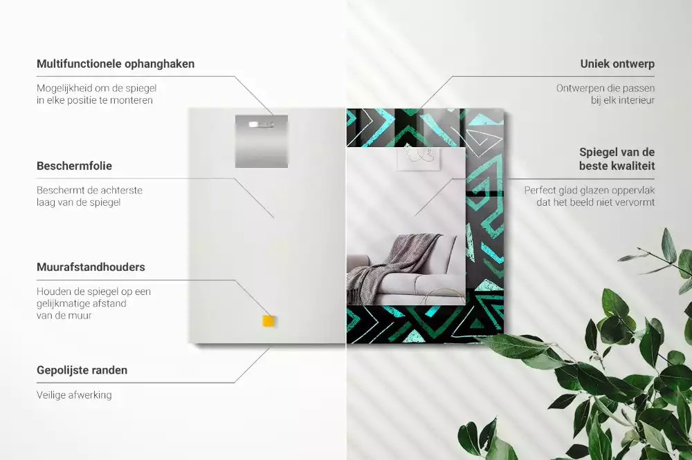 Négyszögletes fali tükör türkiz geometriai mintával