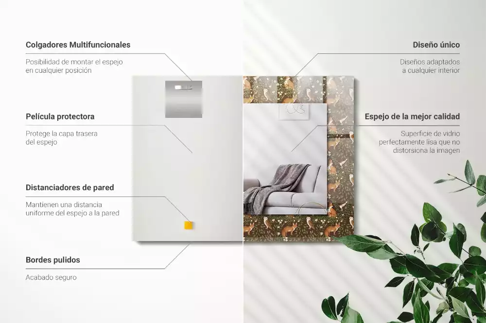 Négyszögletes díszes tükör róka és bagoly mintával