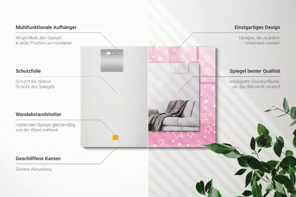 Négyszögletes, rózsaszín csillagos díszes tükör