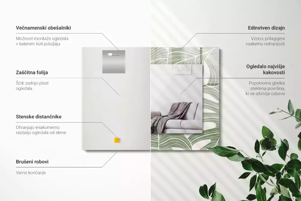 Négyszögletes monstera leveles dísztükör