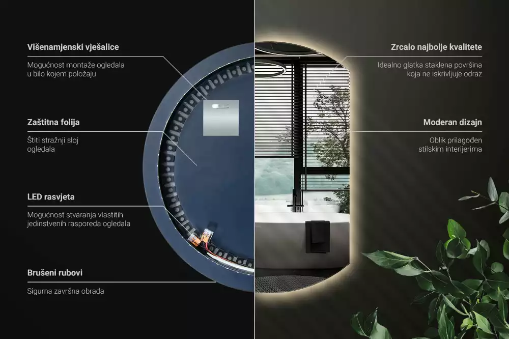 Csonka kör alakú LED háttérvilágítású tükör