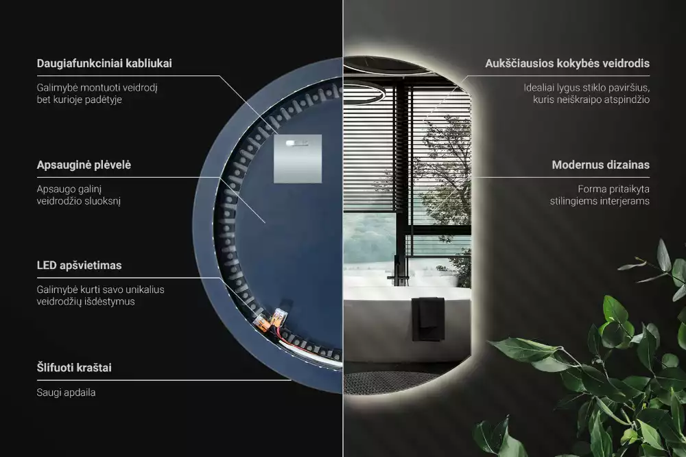 Csonka kör alakú LED háttérvilágítású tükör
