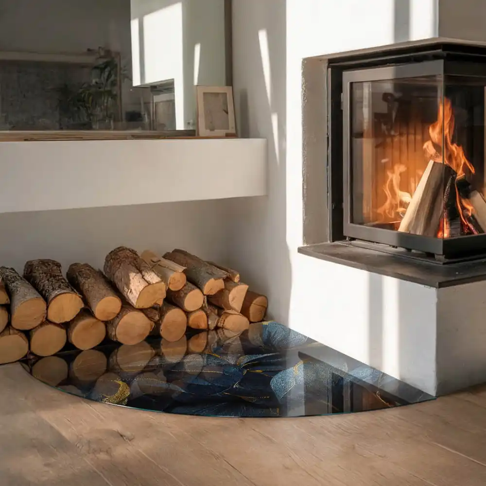 Negyedkör alakú kandalló alátét elegáns levélmintával