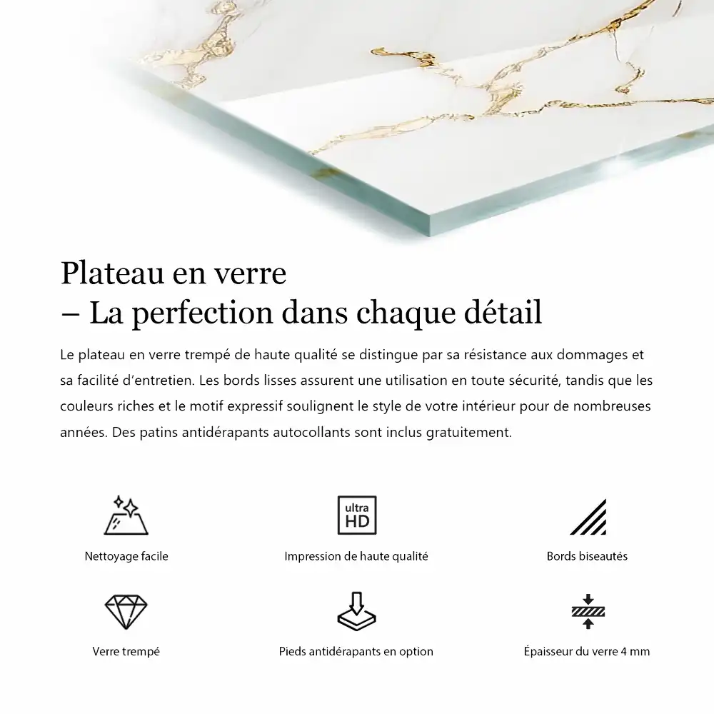 Elegáns, erezetes márvány hatású négyzet alakú asztali üveglap