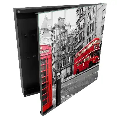 Piros londoni busz és telefonfülke mintás kulcsszekrény
