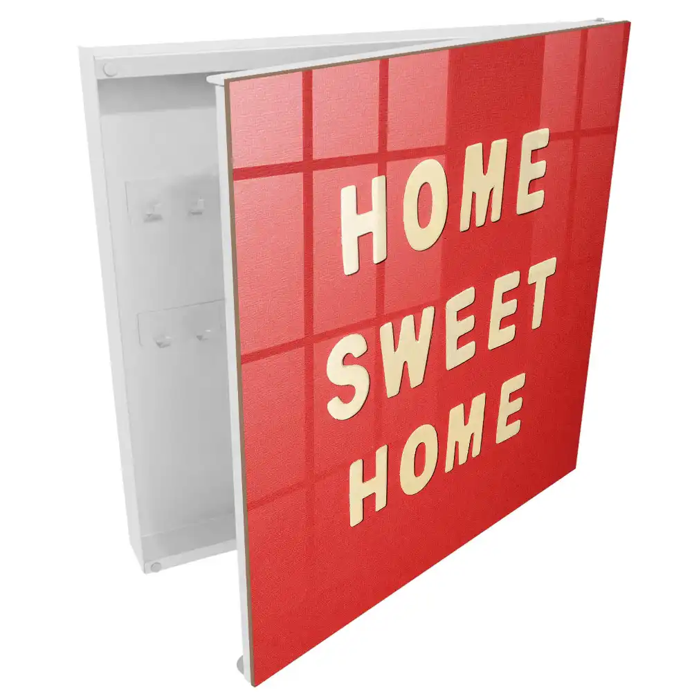 Fali kulcstartó szekrény OTTHON SWEET HOME felirattal, piros alapon