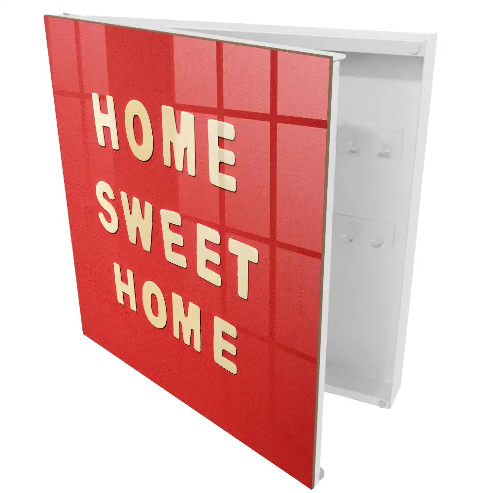Fali kulcstartó szekrény OTTHON SWEET HOME felirattal, piros alapon