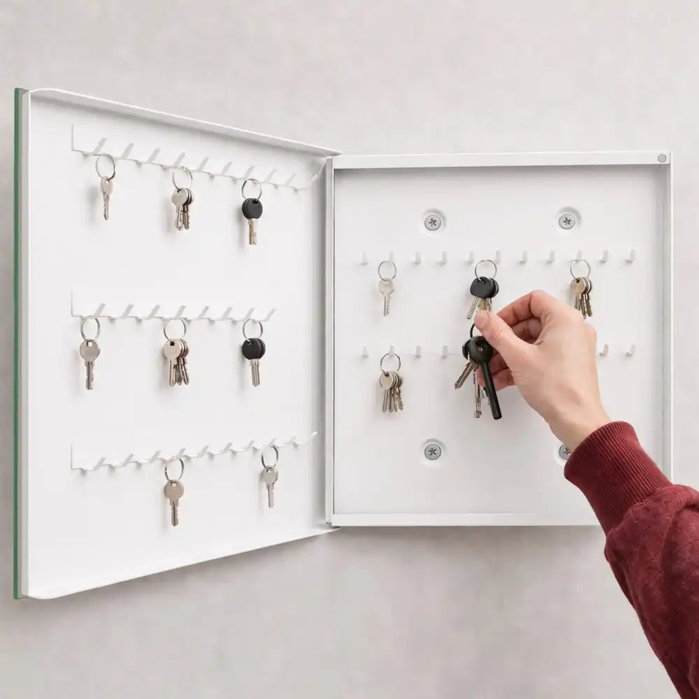 Világítótorony mintás kulcstartó szekrény naplemente háttérrel