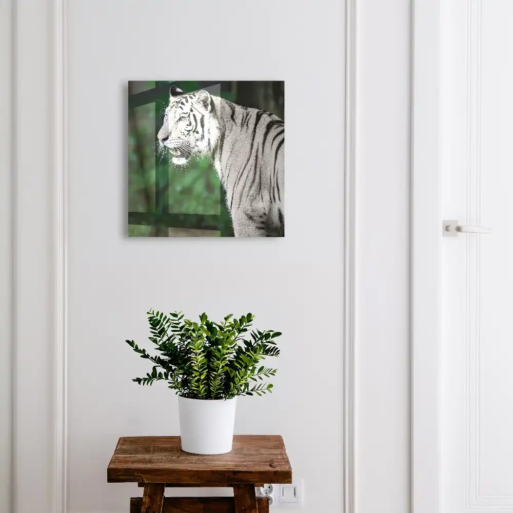 Fehér tigris mintás kulcstartó szekrény zöld környezetben