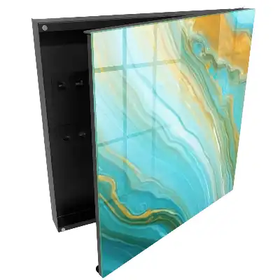 Fali kulcstartó szekrény türkiz hullámok mintával és sárga díszítéssel