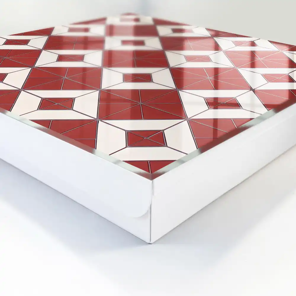 piros és fehér geometrikus mintás, dinamikus kompozíciójú kialakításban