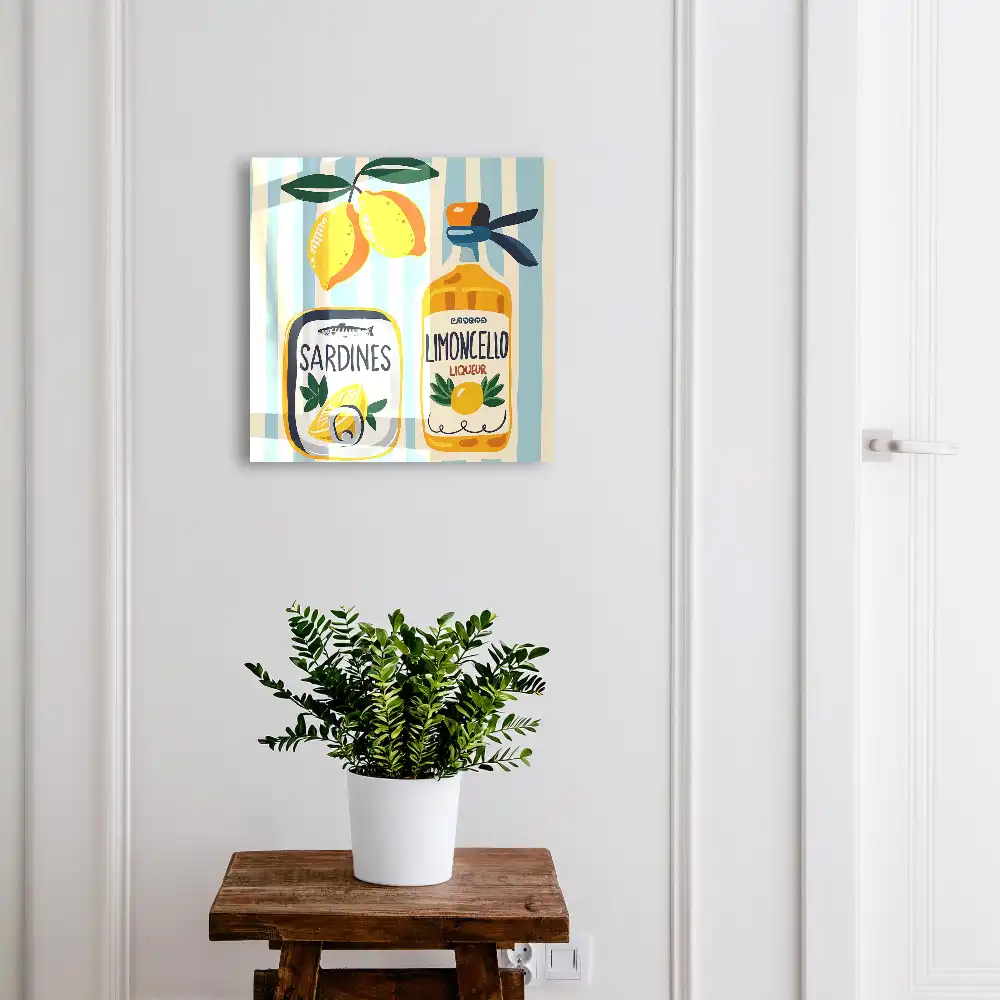 Fali kulcstartó szekrény limoncello üveggel, szardíniás és citromos grafikával