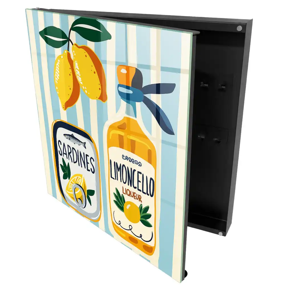 Fali kulcstartó szekrény limoncello üveggel, szardíniás és citromos grafikával